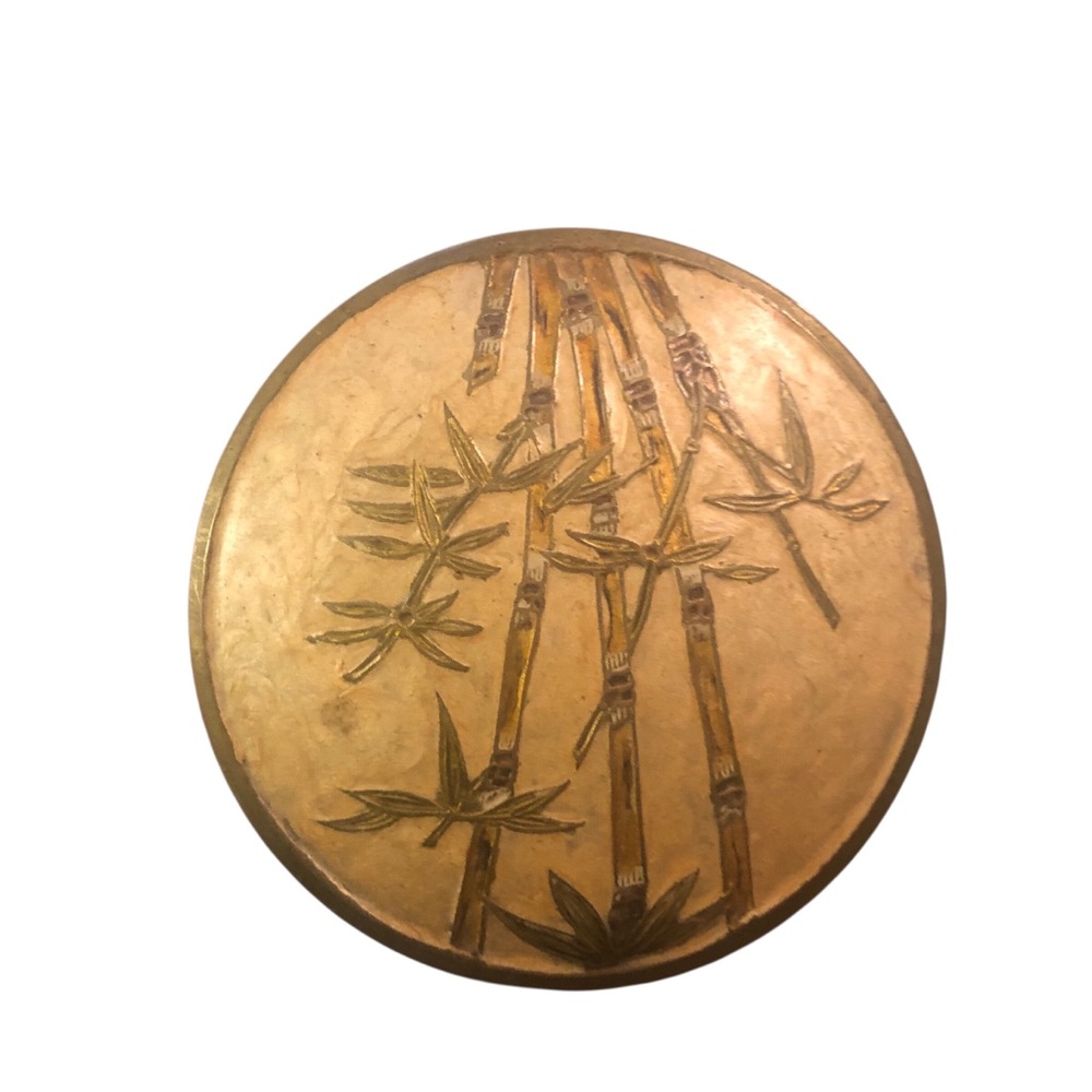 Gold Bamboo and Enamel Design Trinket Jewelry Dish Compact
